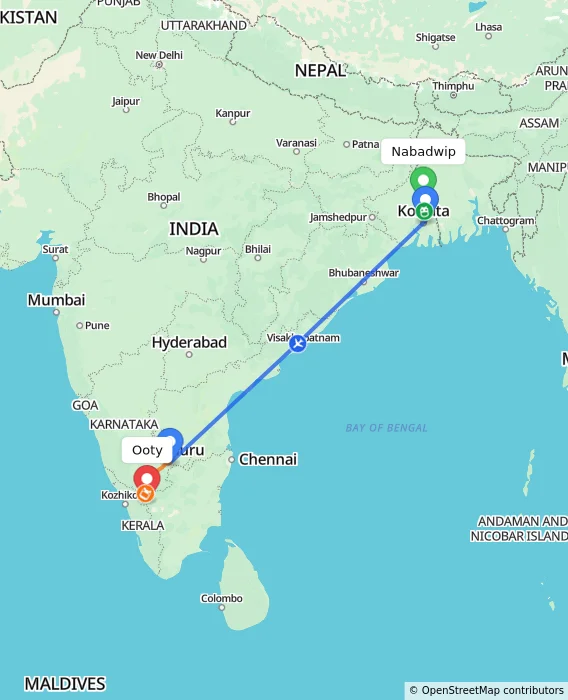 Route map showing distance and travel time from Nabadwip, India to Ooty, India