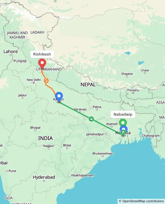 Route map showing distance and travel time from Nabadwip, India to Rishikesh, India
