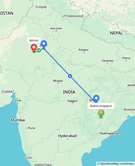 Route map showing distance and travel time from Nabarangapur, India to Ajmer, India