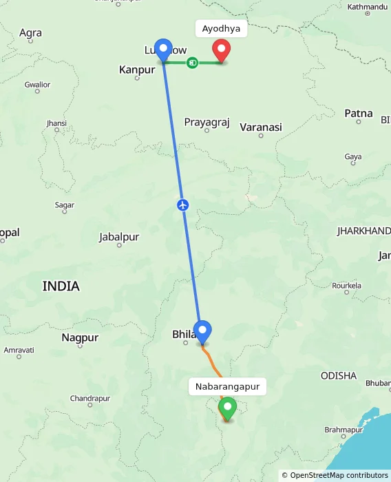 Route map showing distance and travel time from Nabarangapur, India to Ayodhya, India