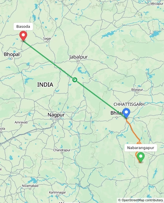 Route map showing distance and travel time from Nabarangapur, India to Basoda, India