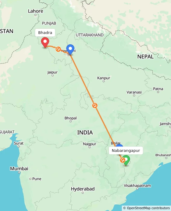 Route map showing distance and travel time from Nabarangapur, India to Bhadra, India