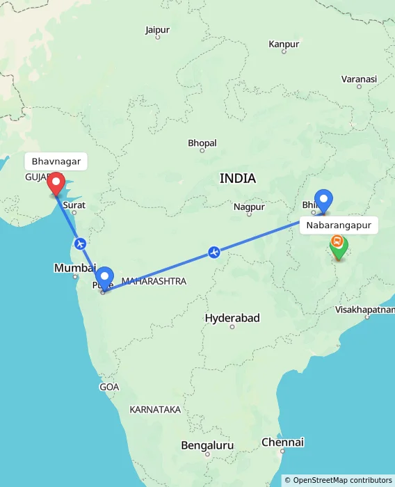 Route map showing distance and travel time from Nabarangapur, India to Bhavnagar, India