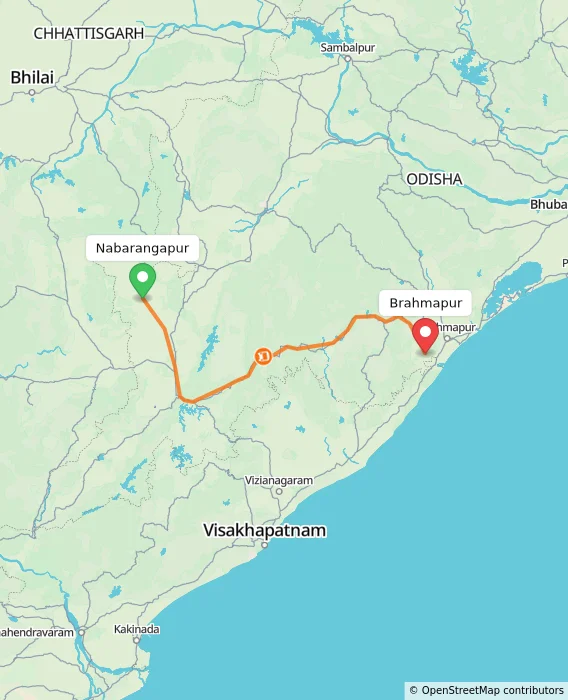 Route map showing distance and travel time from Nabarangapur, India to Brahmapur, India