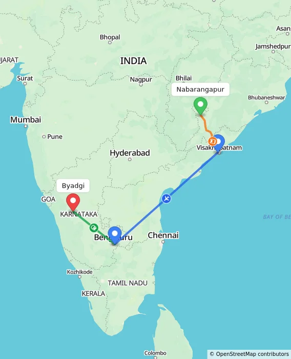 Route map showing distance and travel time from Nabarangapur, India to Byadgi, India