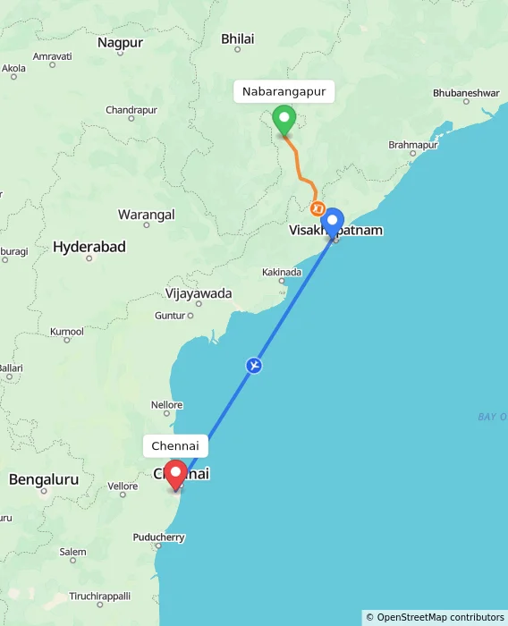 Route map showing distance and travel time from Nabarangapur, India to Chennai, India