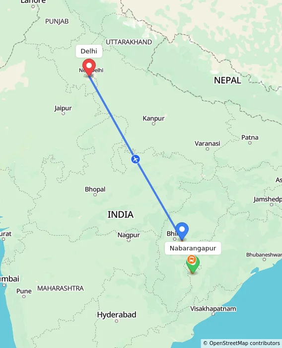 Route map showing distance and travel time from Nabarangapur, India to Delhi, India