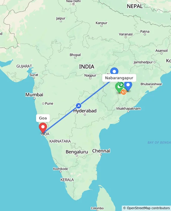 Route map showing distance and travel time from Nabarangapur, India to Goa, India