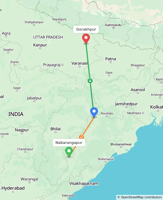 Route map showing distance and travel time from Nabarangapur, India to Gorakhpur, India