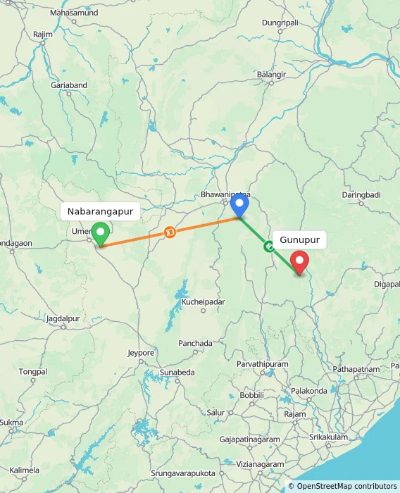 Route map showing distance and travel time from Nabarangapur, India to Gunupur, India