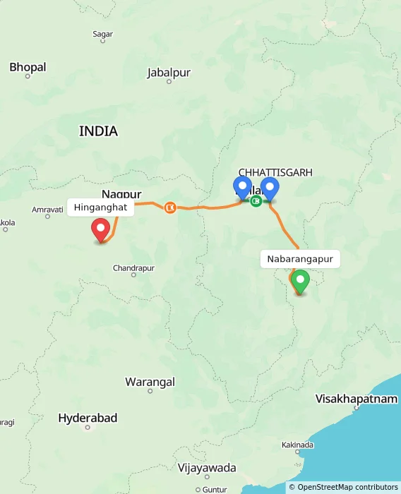 Route map showing distance and travel time from Nabarangapur, India to Hinganghat, India