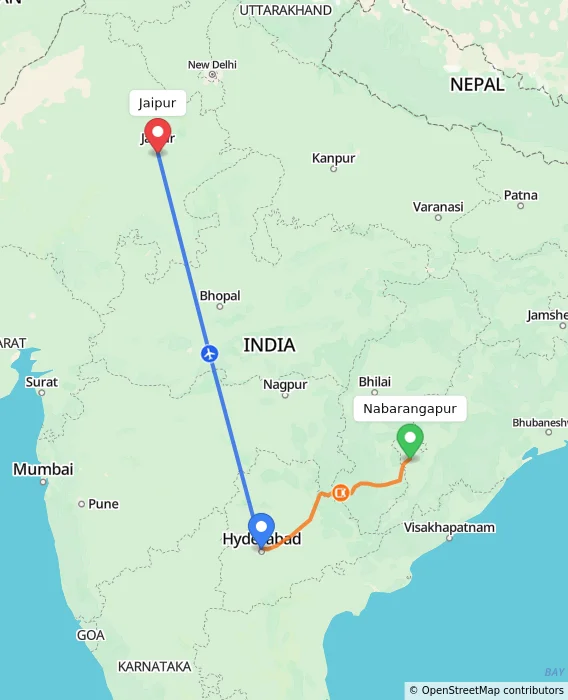 Route map showing distance and travel time from Nabarangapur, India to Jaipur, India