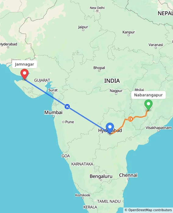 Route map showing distance and travel time from Nabarangapur, India to Jamnagar, India