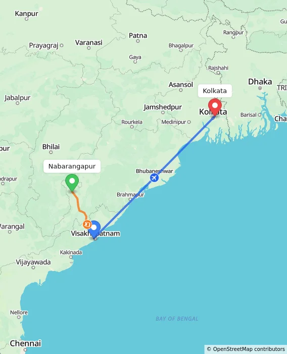 Route map showing distance and travel time from Nabarangapur, India to Kolkata, India