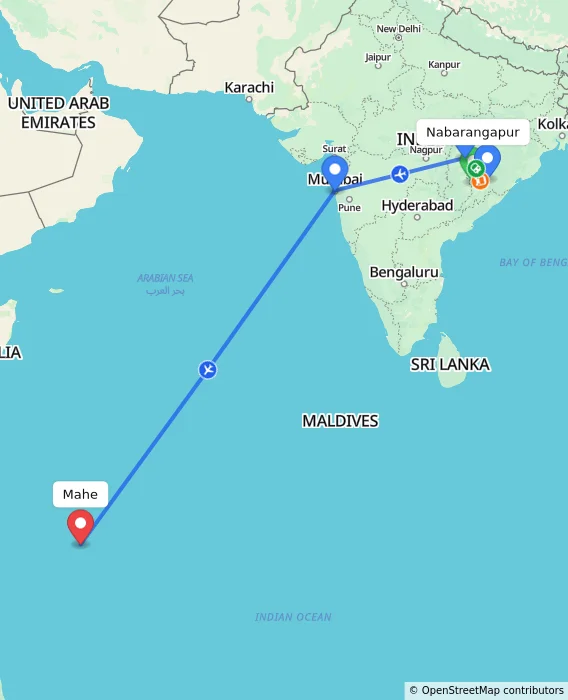 Route map showing distance and travel time from Nabarangapur, India to Mahe, Seychelles