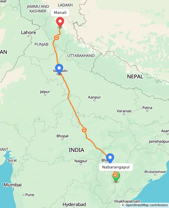 Route map showing distance and travel time from Nabarangapur, India to Manali, India