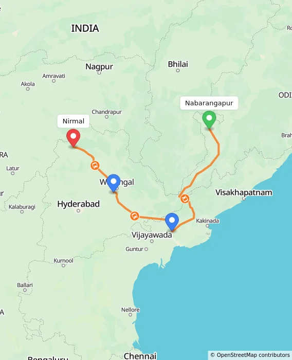 Route map showing distance and travel time from Nabarangapur, India to Nirmal, India