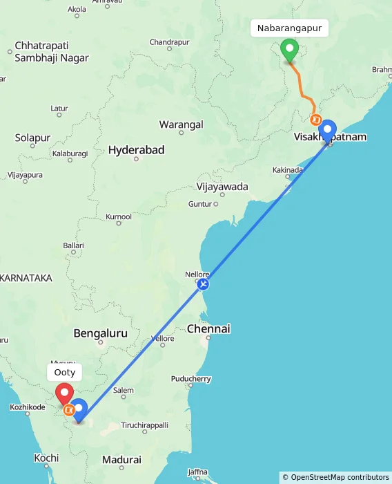 Route map showing distance and travel time from Nabarangapur, India to Ooty, India