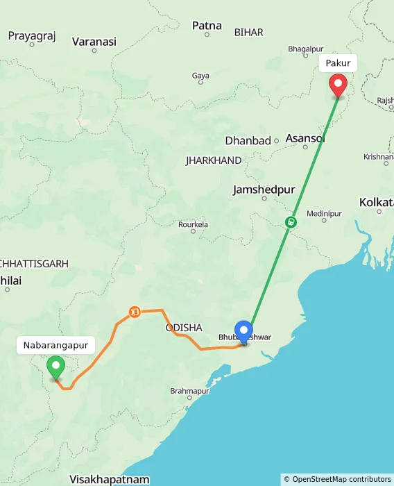 Route map showing distance and travel time from Nabarangapur, India to Pakur, India