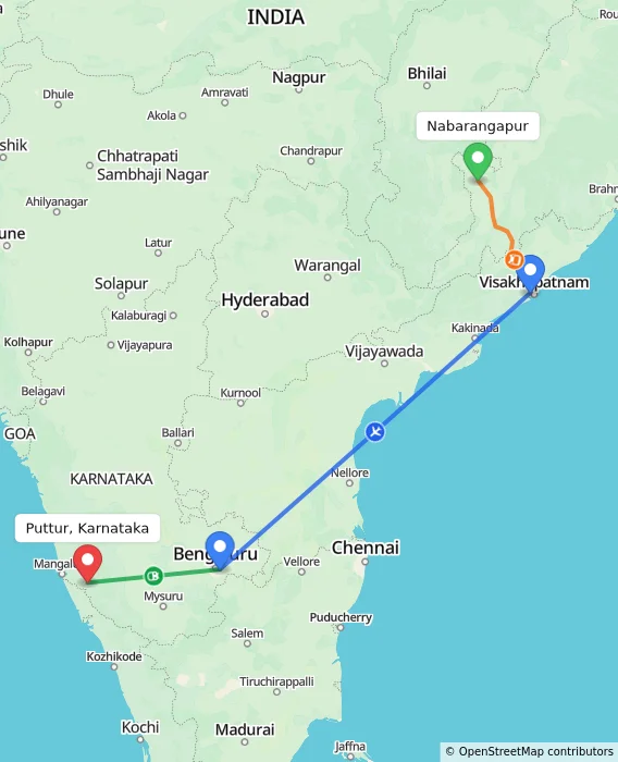 Route map showing distance and travel time from Nabarangapur, India to Puttur, Karnataka, India