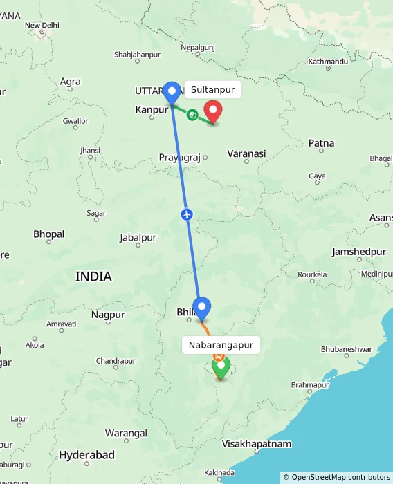 Route map showing distance and travel time from Nabarangapur, India to Sultanpur, India