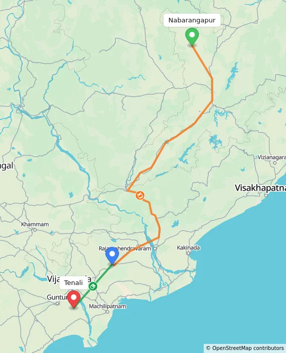 Route map showing distance and travel time from Nabarangapur, India to Tenali, India