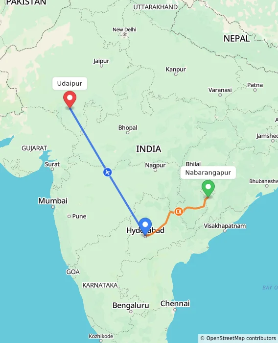 Route map showing distance and travel time from Nabarangapur, India to Udaipur, India