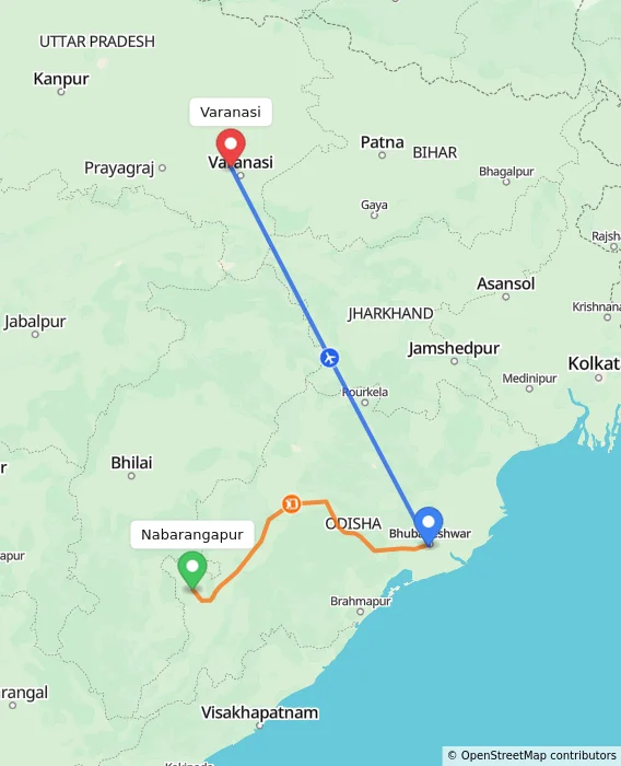 Route map showing distance and travel time from Nabarangapur, India to Varanasi, India