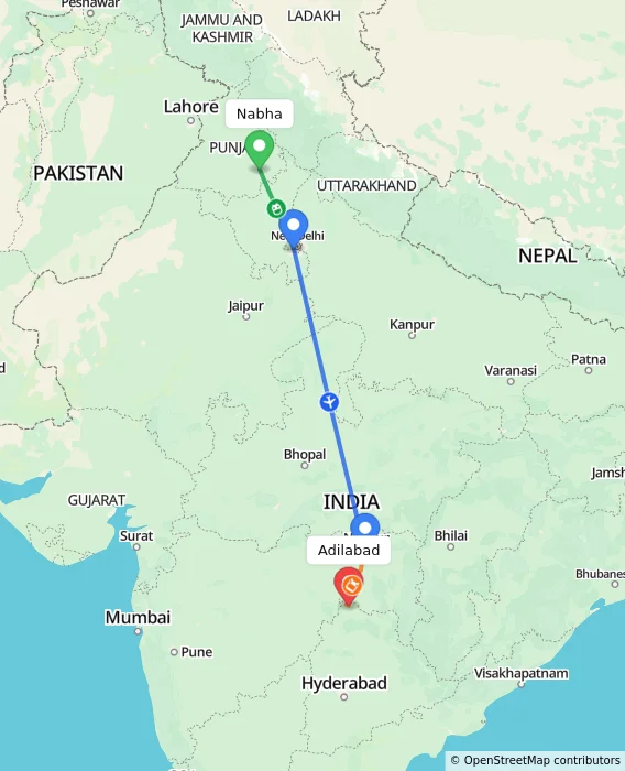 Route map showing distance and travel time from Nabha, India to Adilabad, India