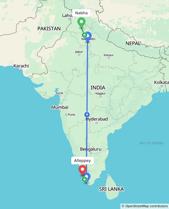 Route map showing distance and travel time from Nabha, India to Alappuzha, India