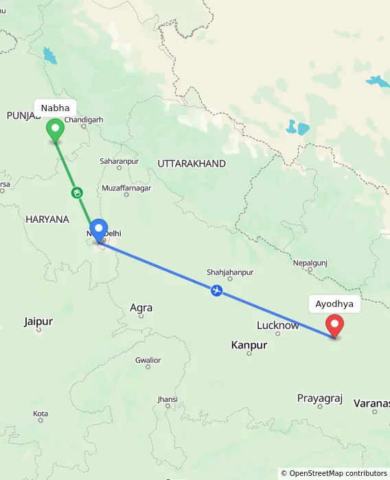 Route map showing distance and travel time from Nabha, India to Ayodhya, India