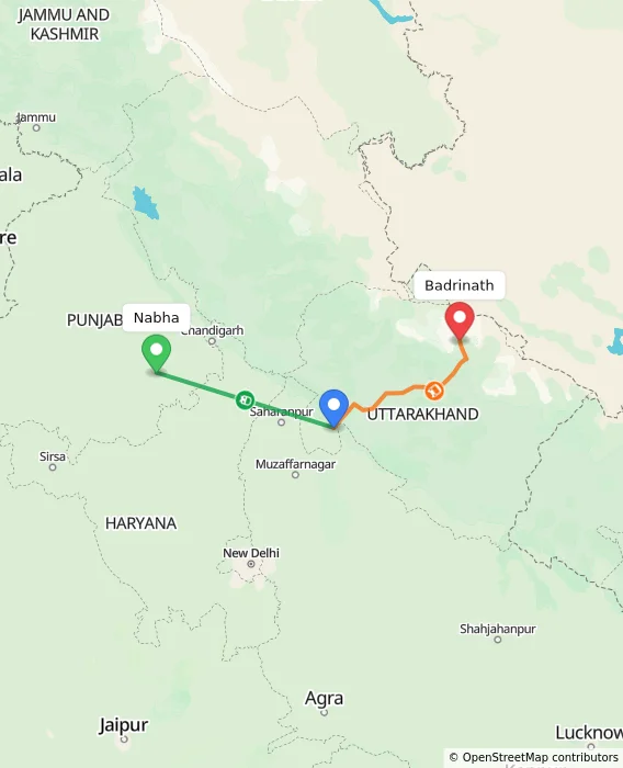 Route map showing distance and travel time from Nabha, India to Badrinath, India