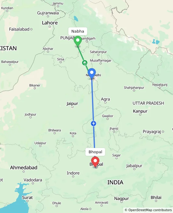 Route map showing distance and travel time from Nabha, India to Bhopal, India