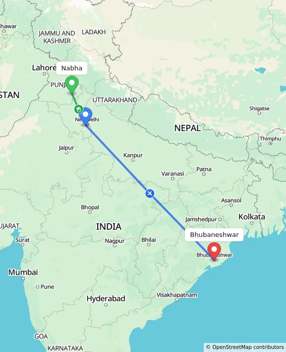Route map showing distance and travel time from Nabha, India to Bhubaneshwar, India