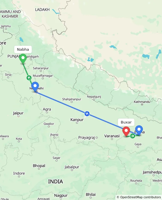 Route map showing distance and travel time from Nabha, India to Buxar, India