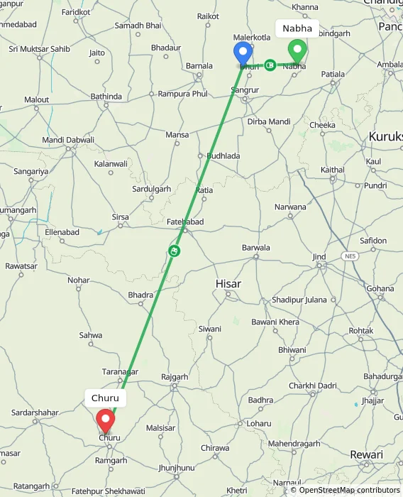 Route map showing distance and travel time from Nabha, India to Churu, India
