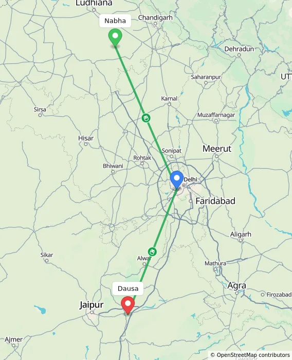 Route map showing distance and travel time from Nabha, India to Dausa, India