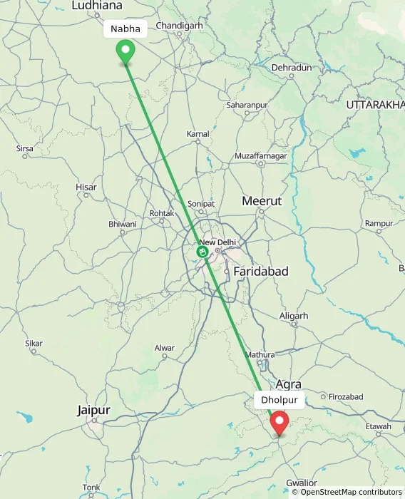 Route map showing distance and travel time from Nabha, India to Dholpur, India