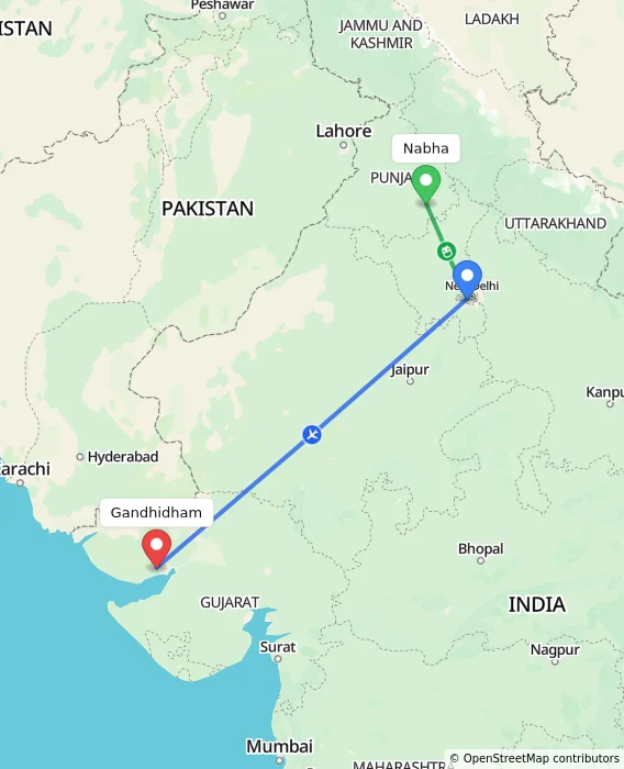 Route map showing distance and travel time from Nabha, India to Gandhidham, India