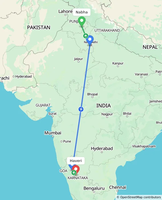 Route map showing distance and travel time from Nabha, India to Haveri, India