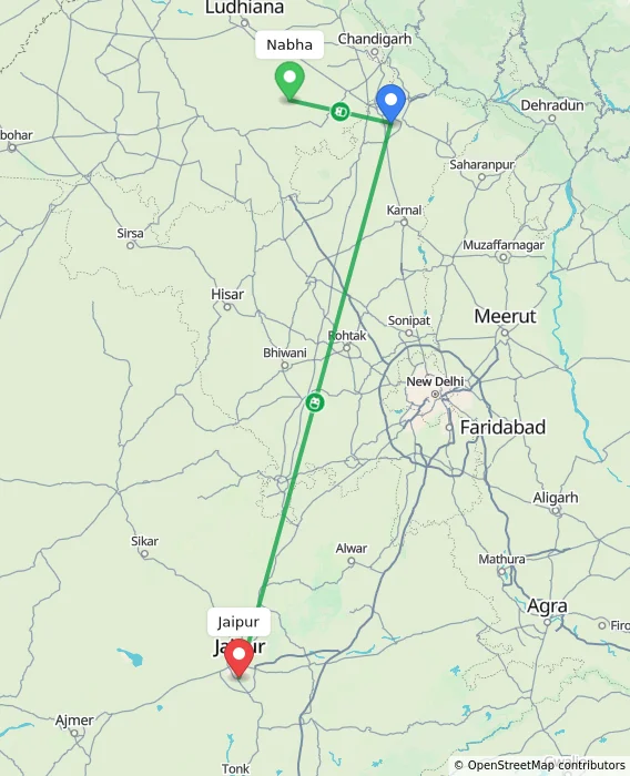 Route map showing distance and travel time from Nabha, India to Jaipur, India