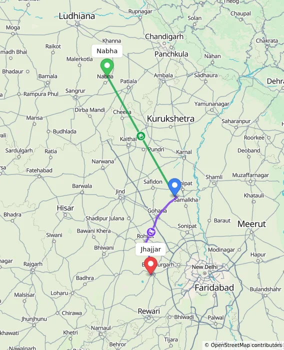 Route map showing distance and travel time from Nabha, India to Jhajjar, India