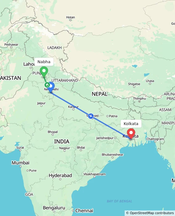 Route map showing distance and travel time from Nabha, India to Kolkata, India