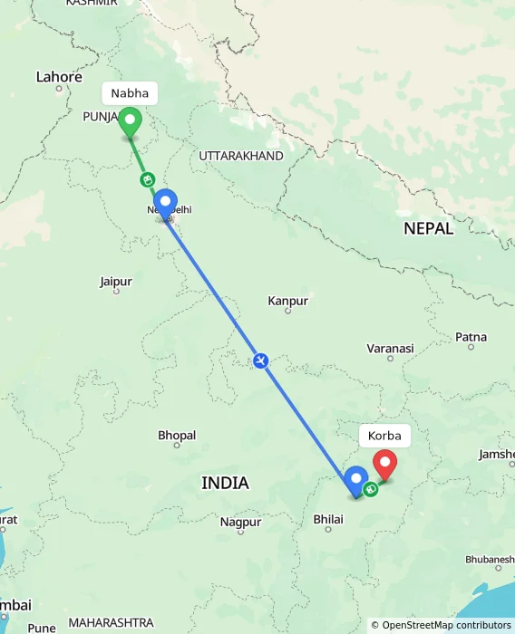 Route map showing distance and travel time from Nabha, India to Korba, India