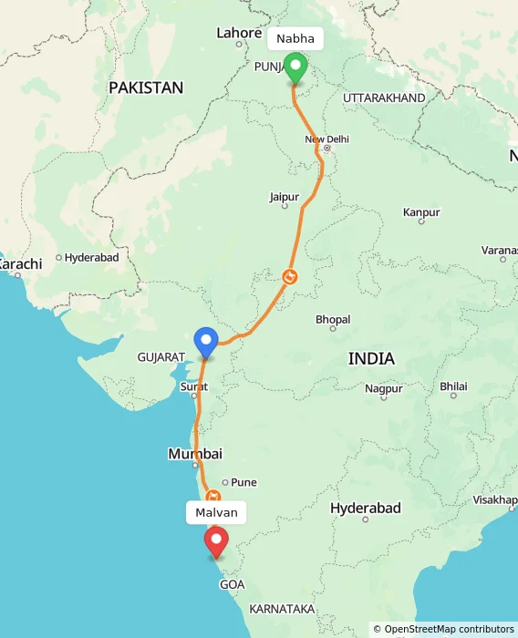 Route map showing distance and travel time from Nabha, India to Malvan, India