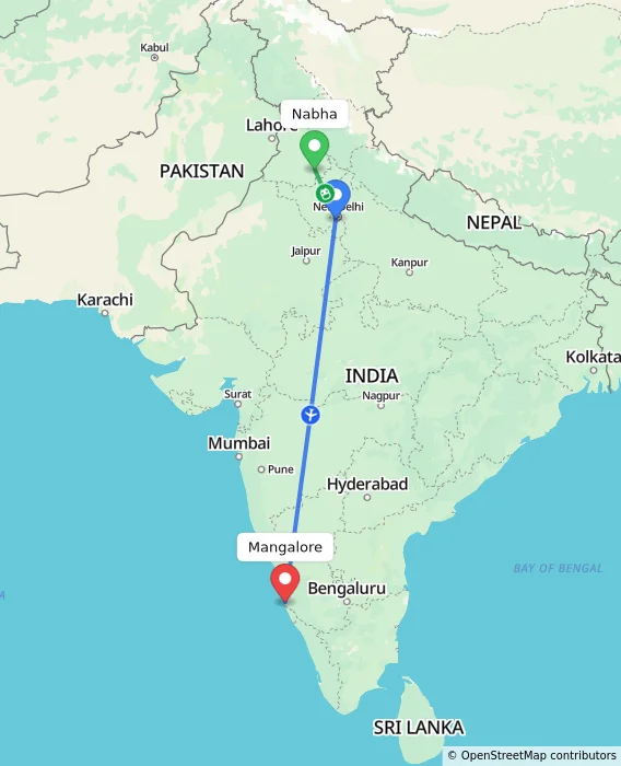 Route map showing distance and travel time from Nabha, India to Mangalore, India
