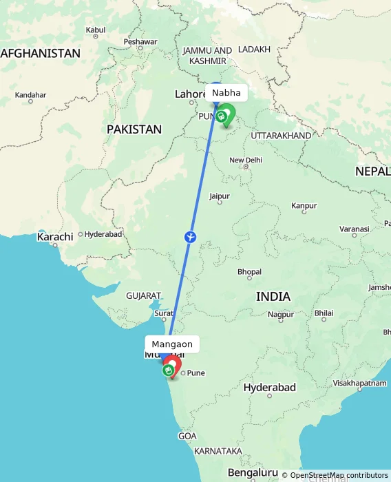 Route map showing distance and travel time from Nabha, India to Mangaon, India
