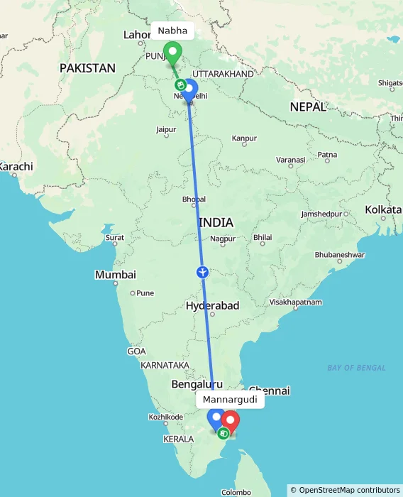 Route map showing distance and travel time from Nabha, India to Mannargudi, India