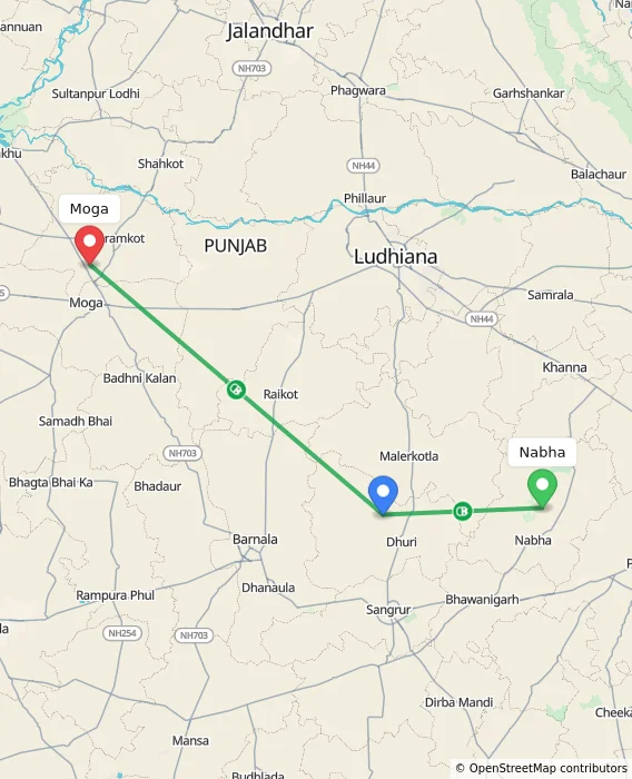 Route map showing distance and travel time from Nabha, India to Moga, India