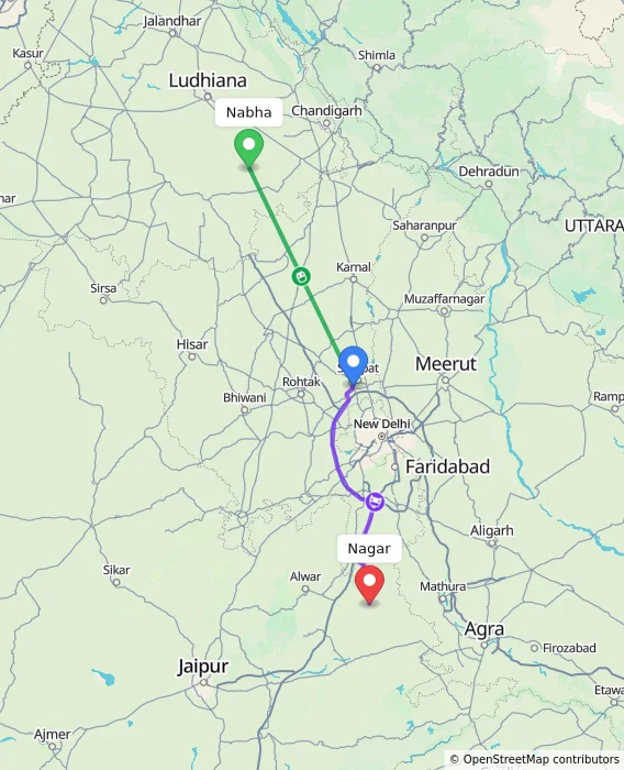 Route map showing distance and travel time from Nabha, India to Nagar, India